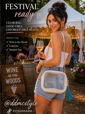 Clear White festival Crossbody Bag with Gold Chain and Blue Tassel